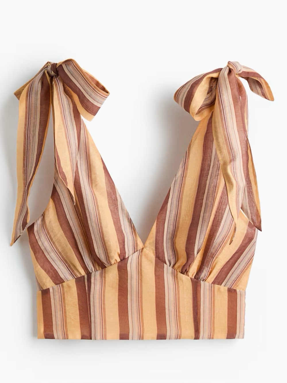 H&M Striped Tie-Shoulder Crop Top in Brown and Cream